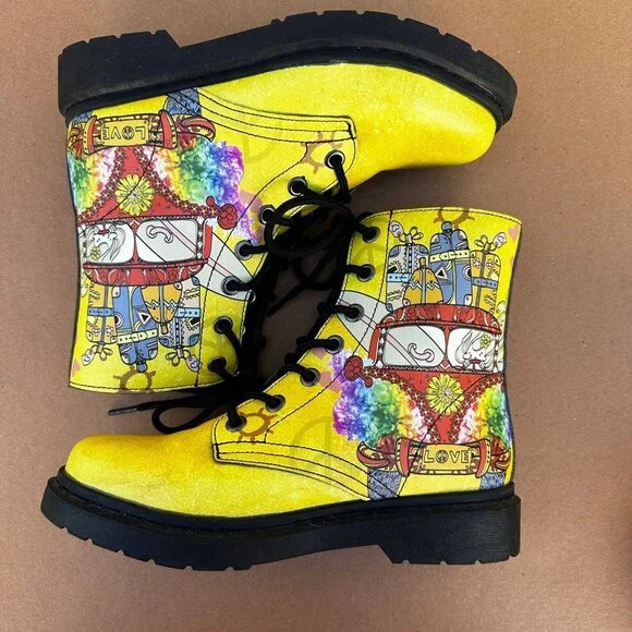 Yes We Vibe Combat Boots Yellow Travel Van Women’s Size 7 EU 38 Vegan Lace Up - Picture 7 of 10